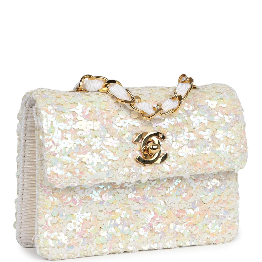 Vintage Chanel Micro Half Flap Iridescent Ivory Sequin Gold Hardware