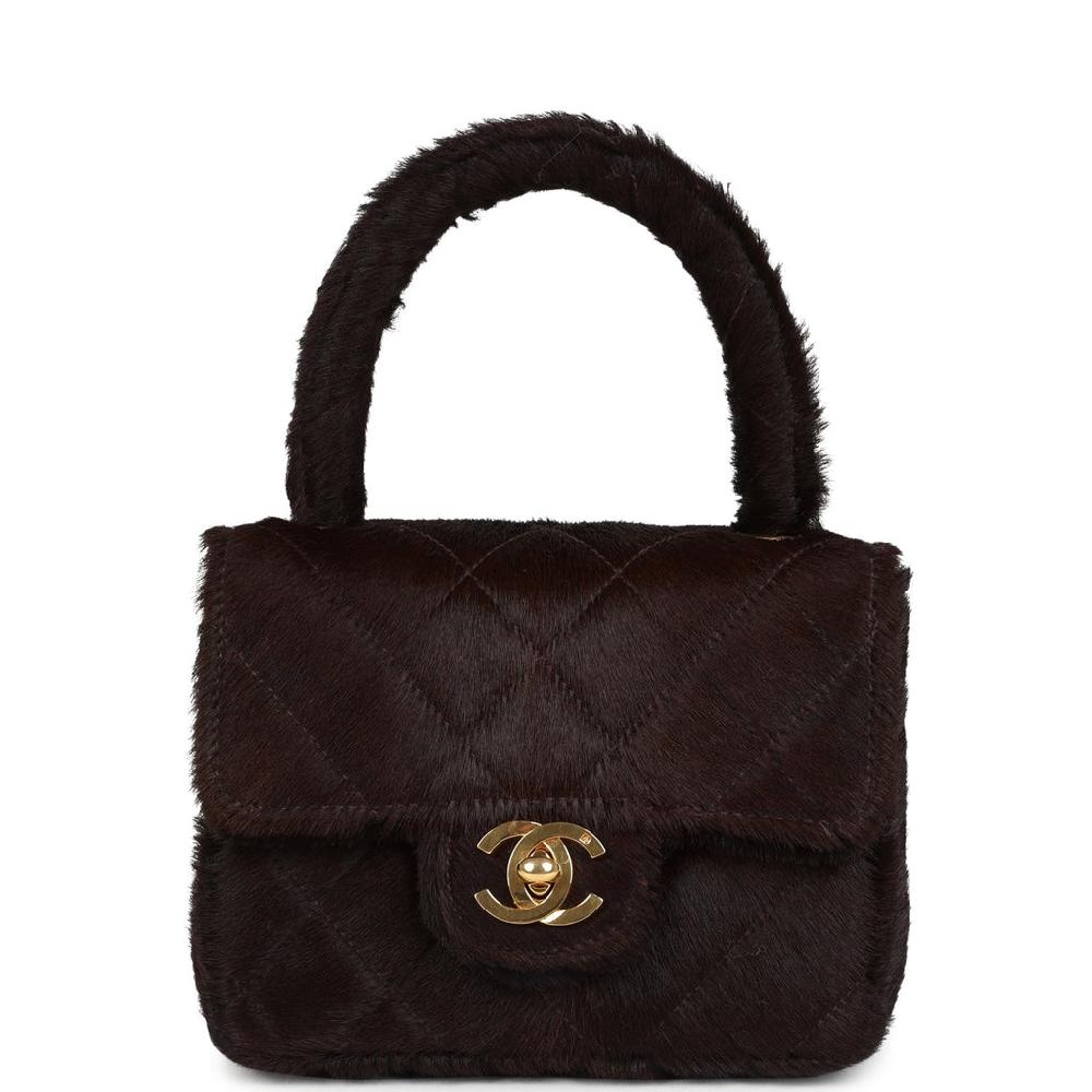 Vintage Chanel Micro Kelly Child Dark Brown Pony Hair Gold Hardware