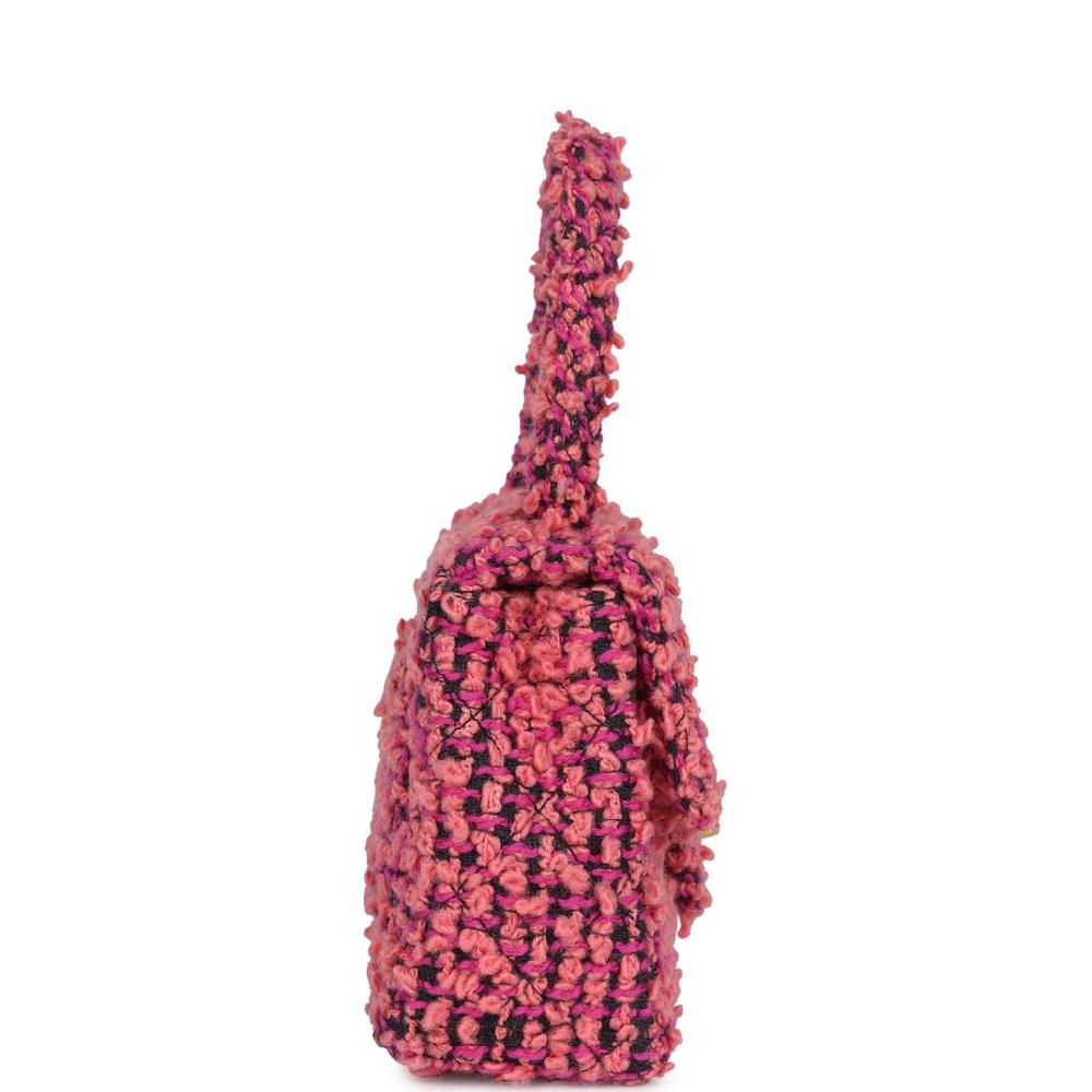 Vintage Chanel Micro Kelly Child Flap Bag Pink And Black Tweed Boucle Gold Hardware