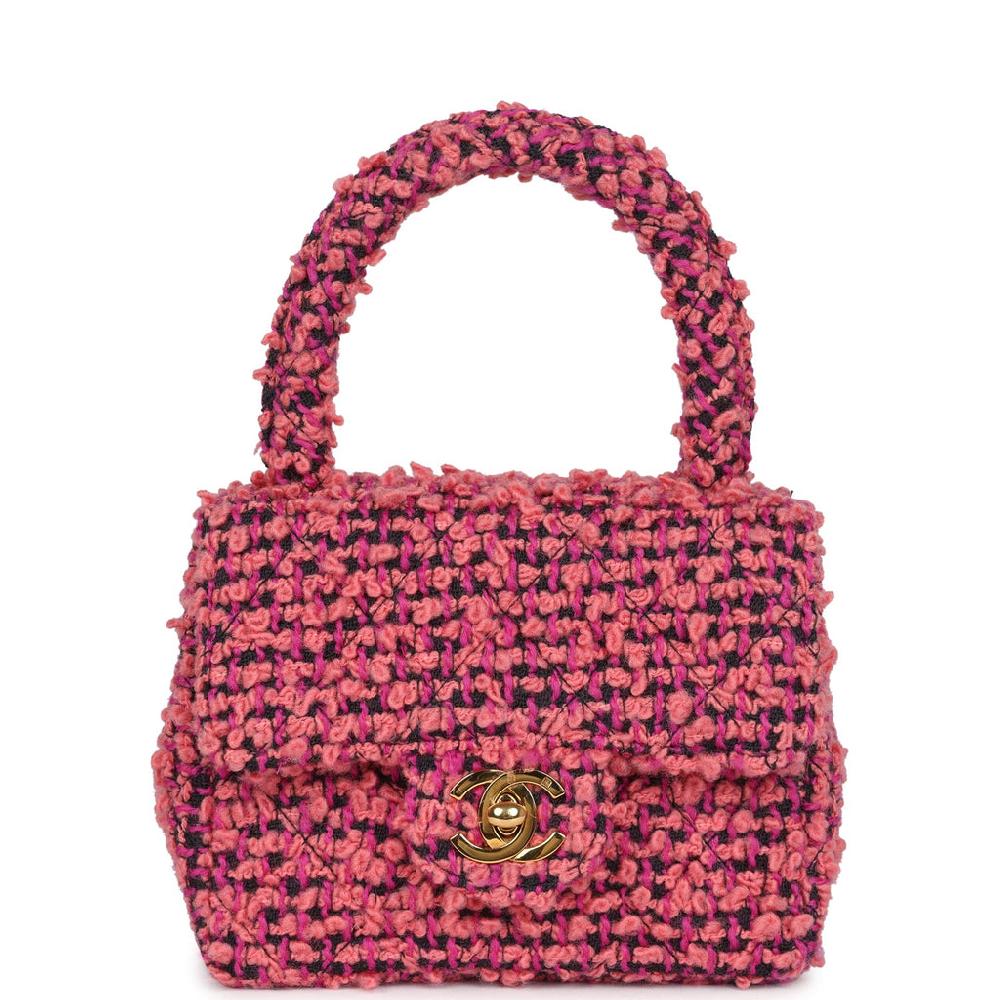 Vintage Chanel Micro Kelly Child Flap Bag Pink and Black Tweed Boucle Gold Hardware