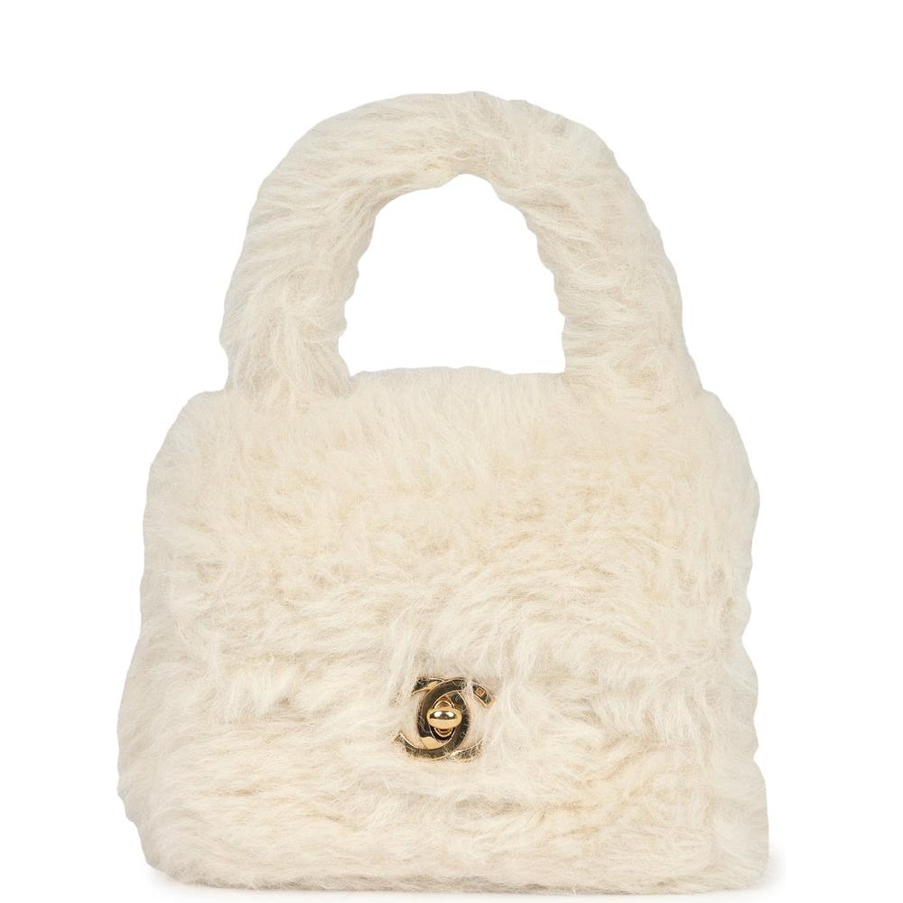 Vintage Chanel Micro Kelly Child White Rabbit Fur Gold Hardware