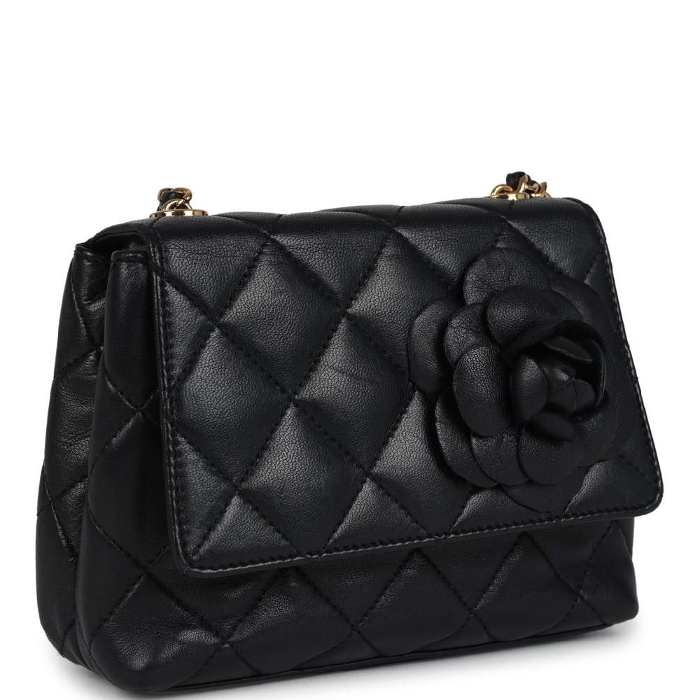 Vintage Chanel Mini Camellia Flap Bag Black Lambskin Gold Hardware