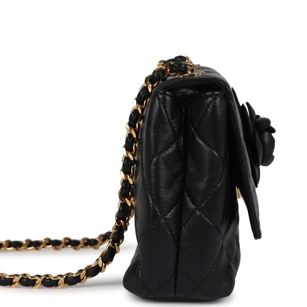 Vintage Chanel Mini Camellia Flap Bag Black Lambskin Gold Hardware