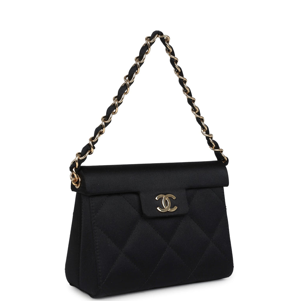 Vintage Chanel Mini Evening Handbag Bag Black Satin Gold Hardware
