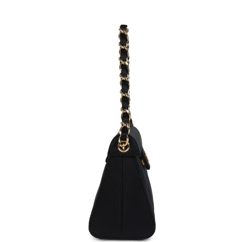 Vintage Chanel Mini Evening Handbag Bag Black Satin Gold Hardware