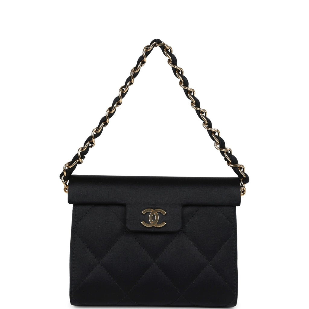 Vintage Chanel Mini Evening Handbag Bag Black Satin Gold Hardware