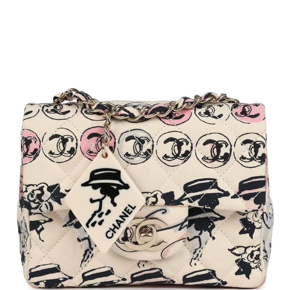 Vintage Chanel Mini Logo Square Flap Bag Light Pink Multi Printed Nylon Light Gold Hardware