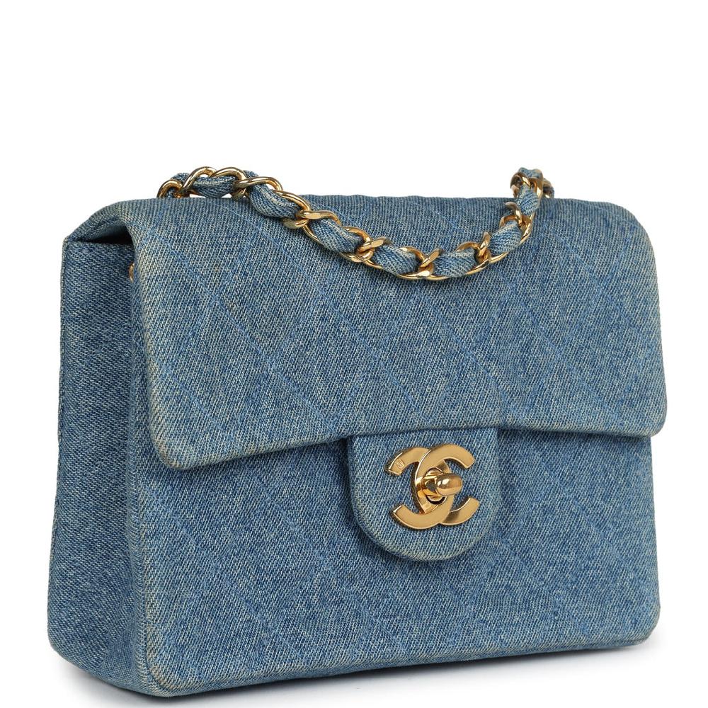 Vintage Chanel Mini Square Flap Bag Blue Denim Gold Hardware