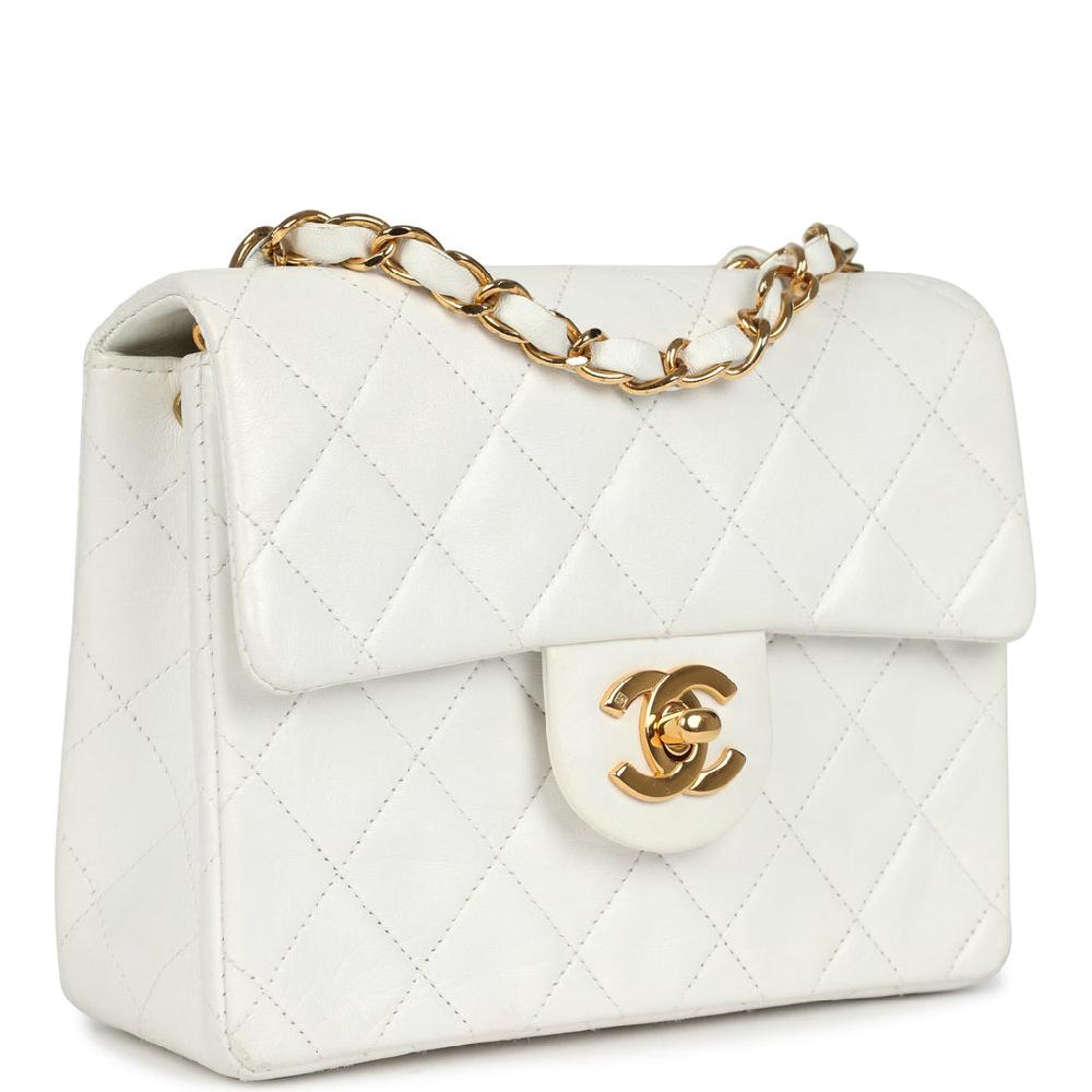 Vintage Chanel Mini Square Flap Bag White Lambskin Gold Hardware