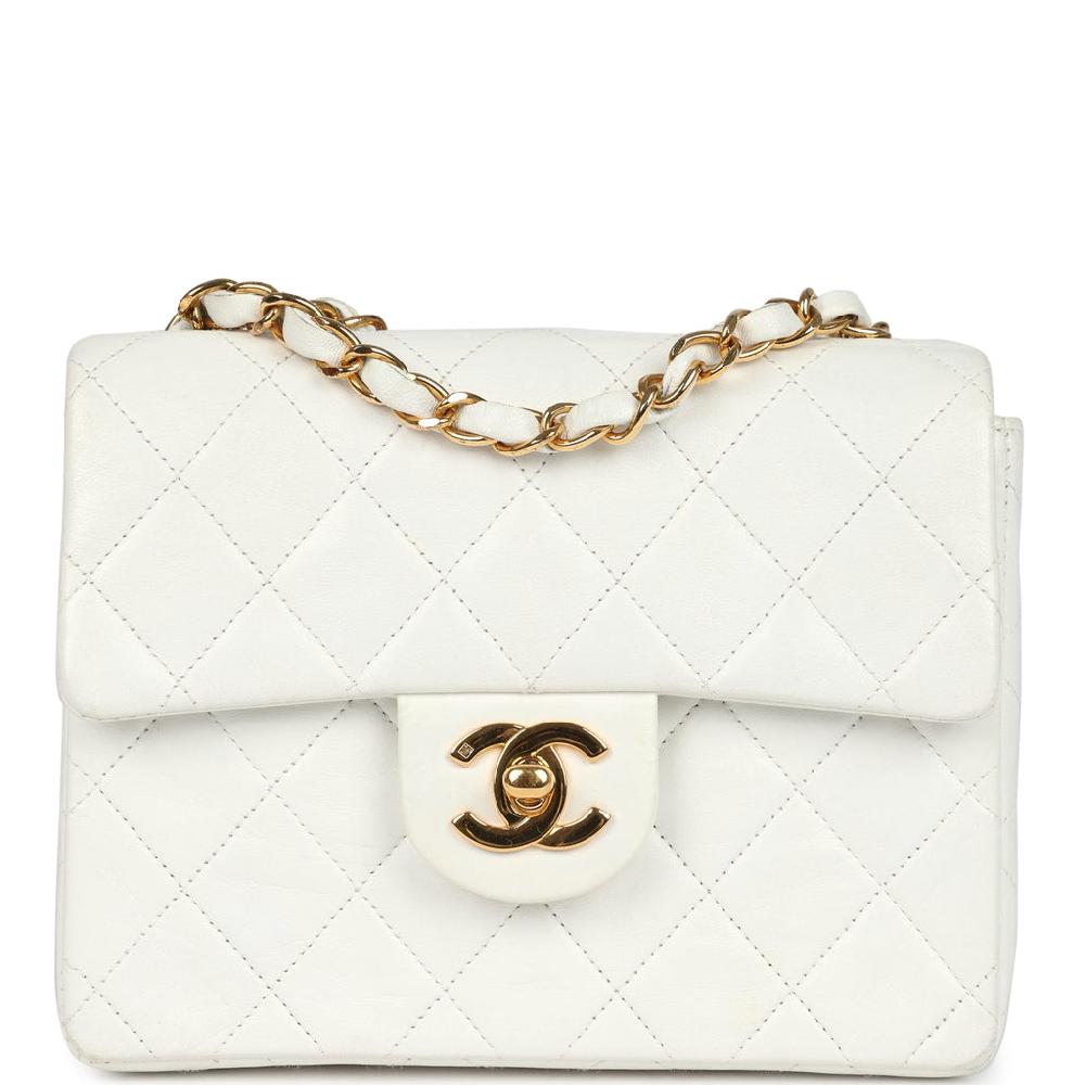Vintage Chanel Mini Square Flap Bag White Lambskin Gold Hardware