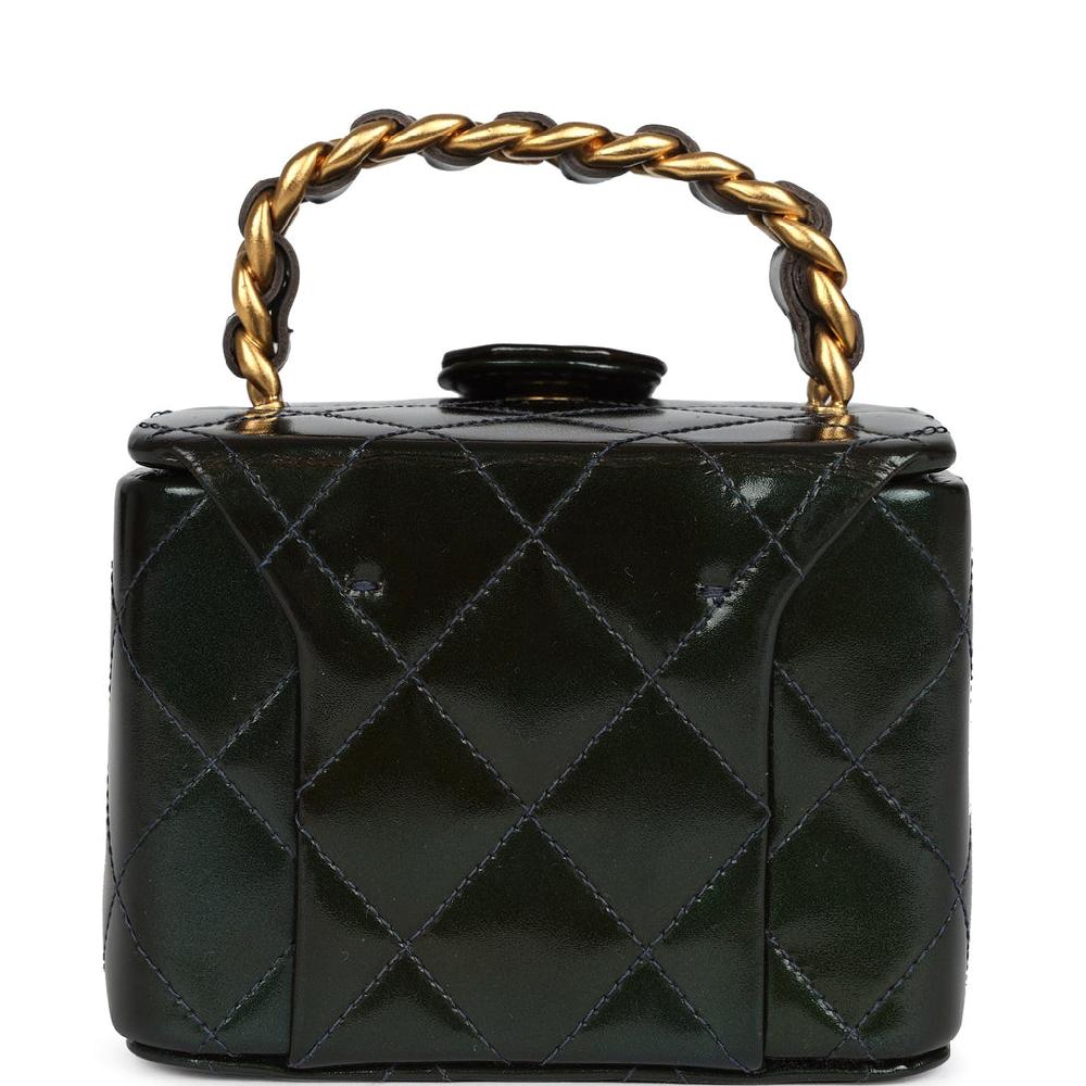 Vintage Chanel Mini Square Vanity Green Patent Antique Gold Hardware