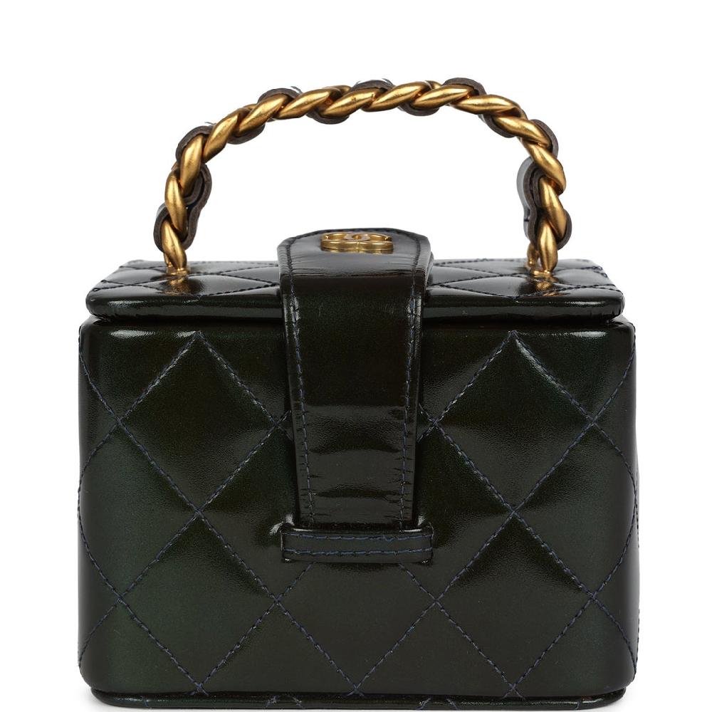 Vintage Chanel Mini Square Vanity Green Patent Antique Gold Hardware