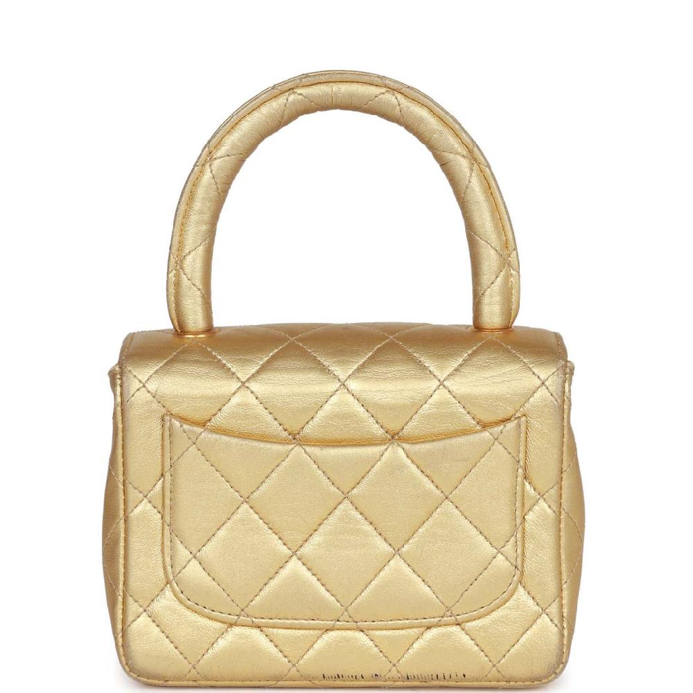 Vintage Chanel Mini Top Handle Kelly Child Flap Bag Gold Metallic Lambskin Gold Hardware
