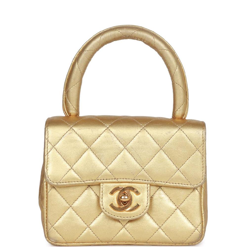 Vintage Chanel Mini Top Handle Kelly Child Flap Bag Gold Metallic Lambskin Gold Hardware