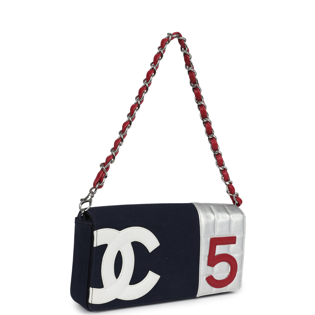 Vintage Chanel N0.5 Chain Shoulder Bag Navy Silver Red Canvas Silver Hardware