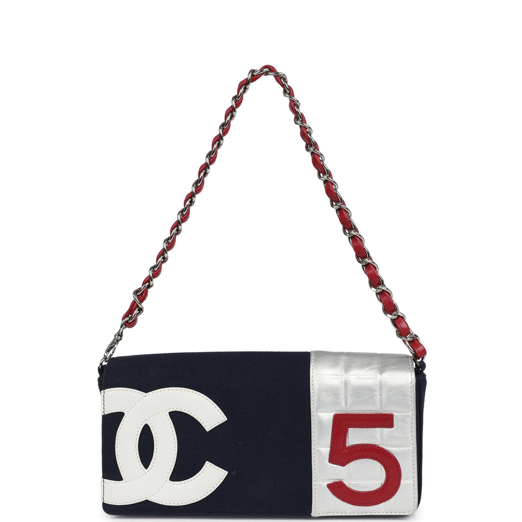 Vintage Chanel N0.5 Chain Shoulder Bag Navy Silver Red Canvas Silver Hardware
