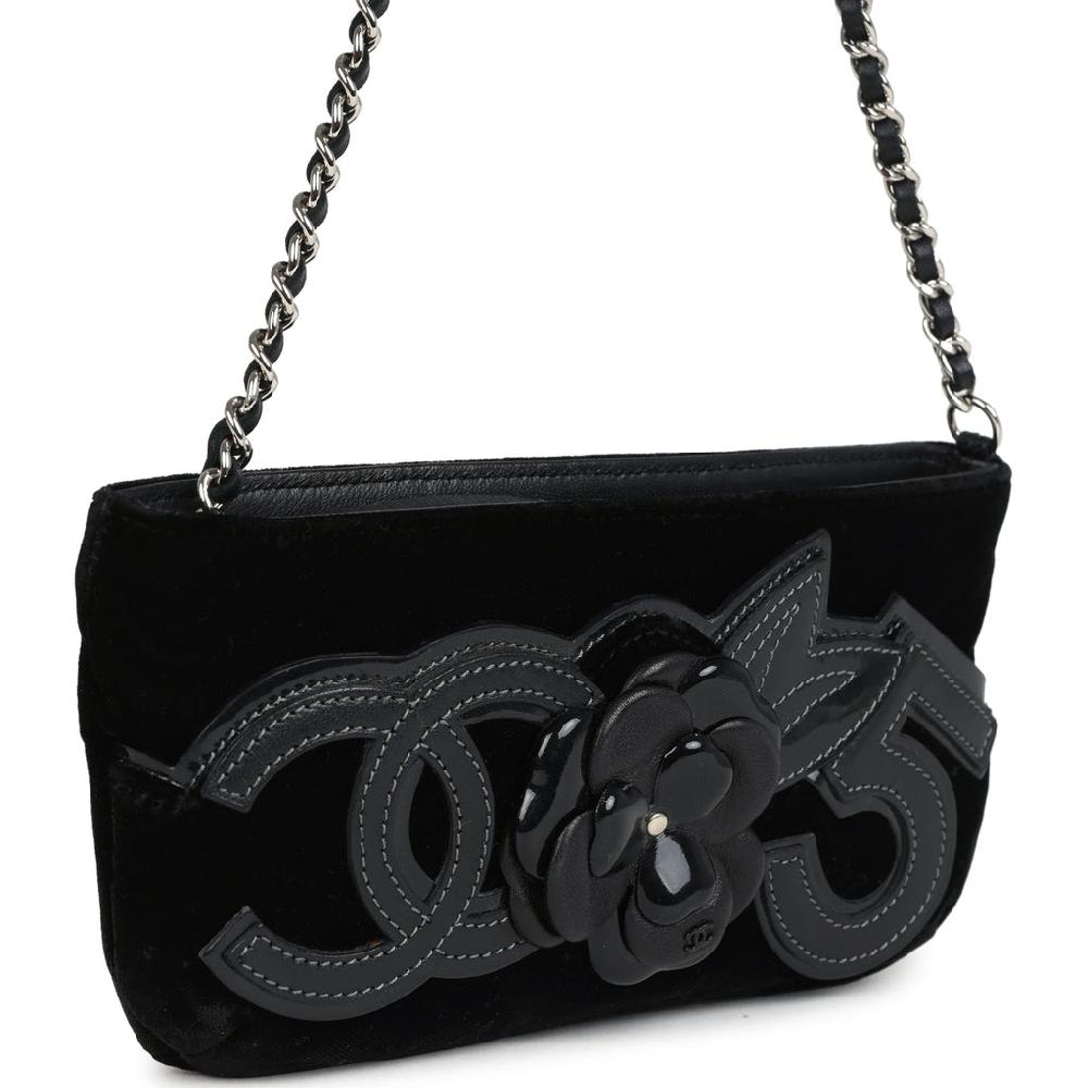 Vintage Chanel No. 5 Camelia Pochette Black Velvet Silver Hardware