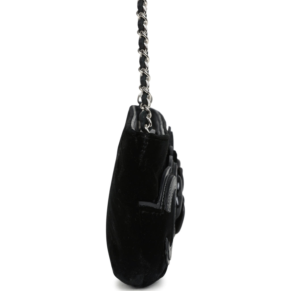 Vintage Chanel No. 5 Camelia Pochette Black Velvet Silver Hardware