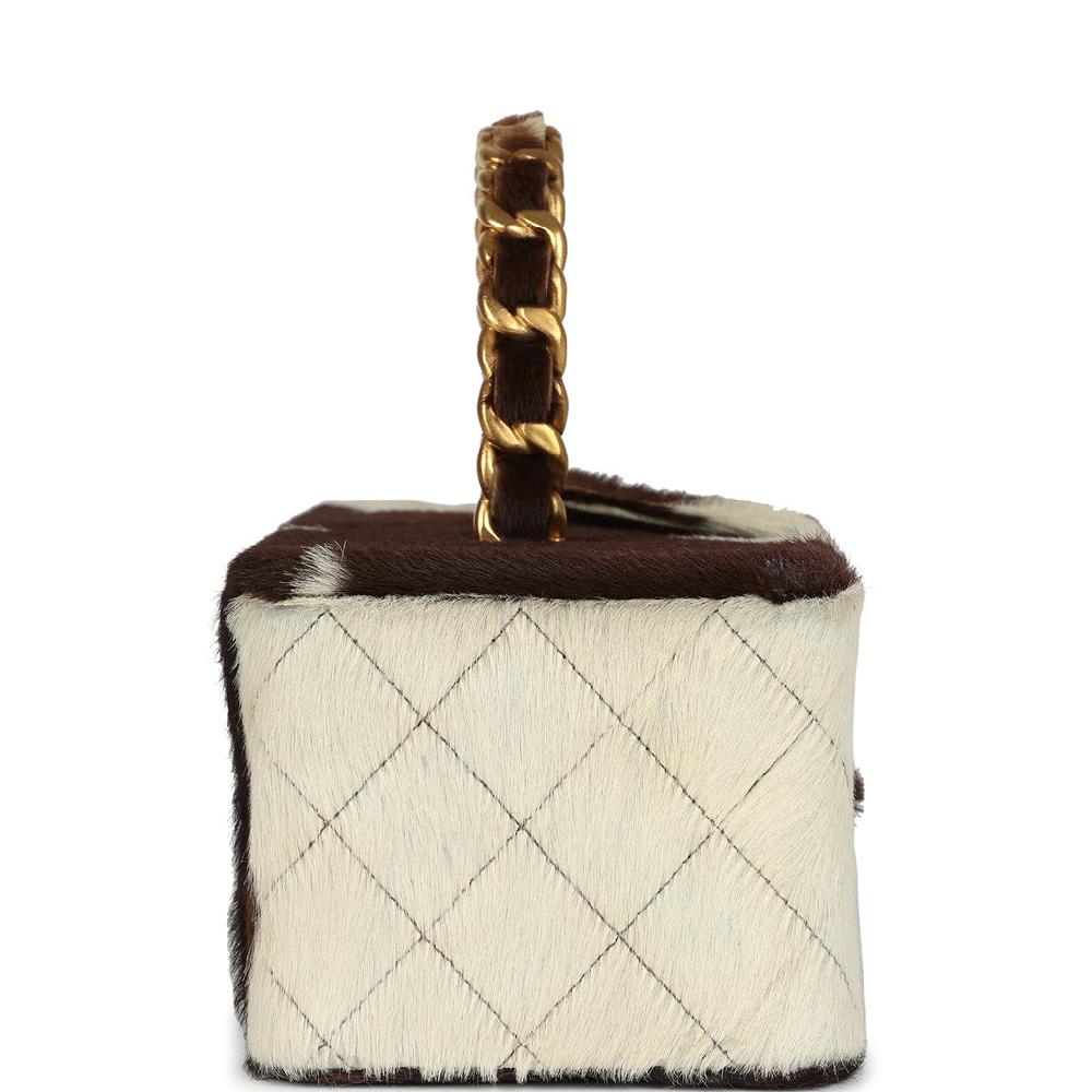 Vintage Chanel Rectangular Vanity Box Brown And White Cow Print Pony Hair Antique Gold Hardware