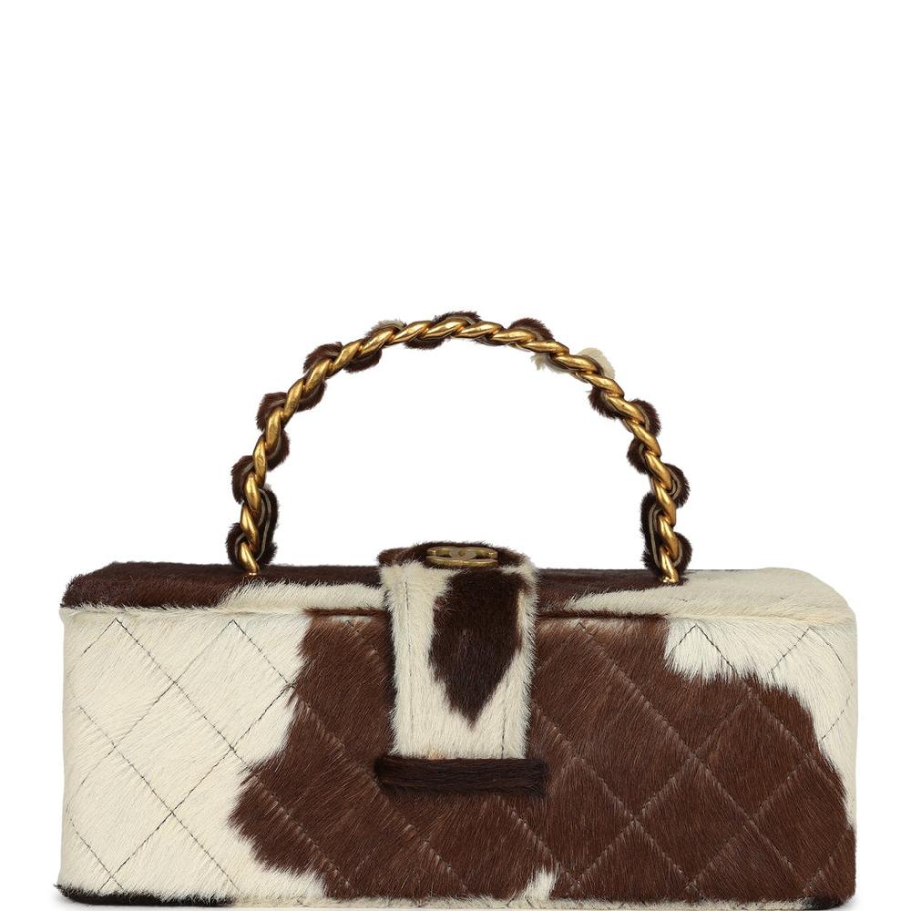 Vintage Chanel Rectangular Vanity Box Brown and White Cow Print Pony Hair Antique Gold Hardware