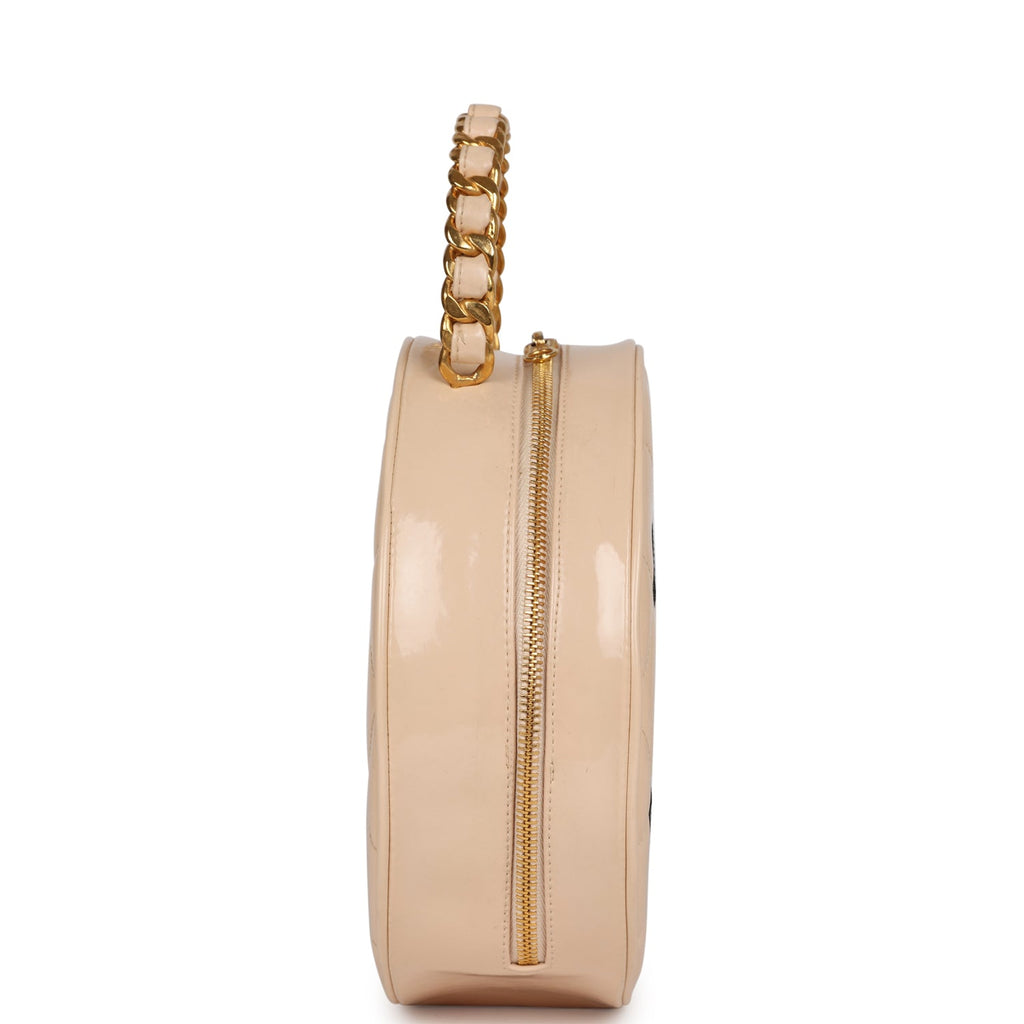 Vintage Chanel Round Vanity Bag Beige And Black Patent Leather Antique Gold Hardware