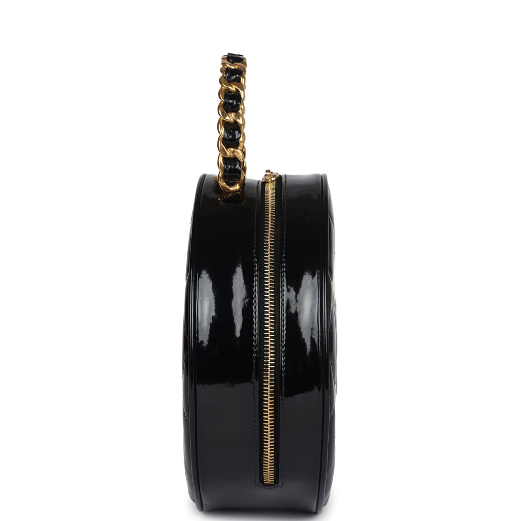Vintage Chanel Round Vanity Bag Black And White Patent Leather Antique Gold Hardware