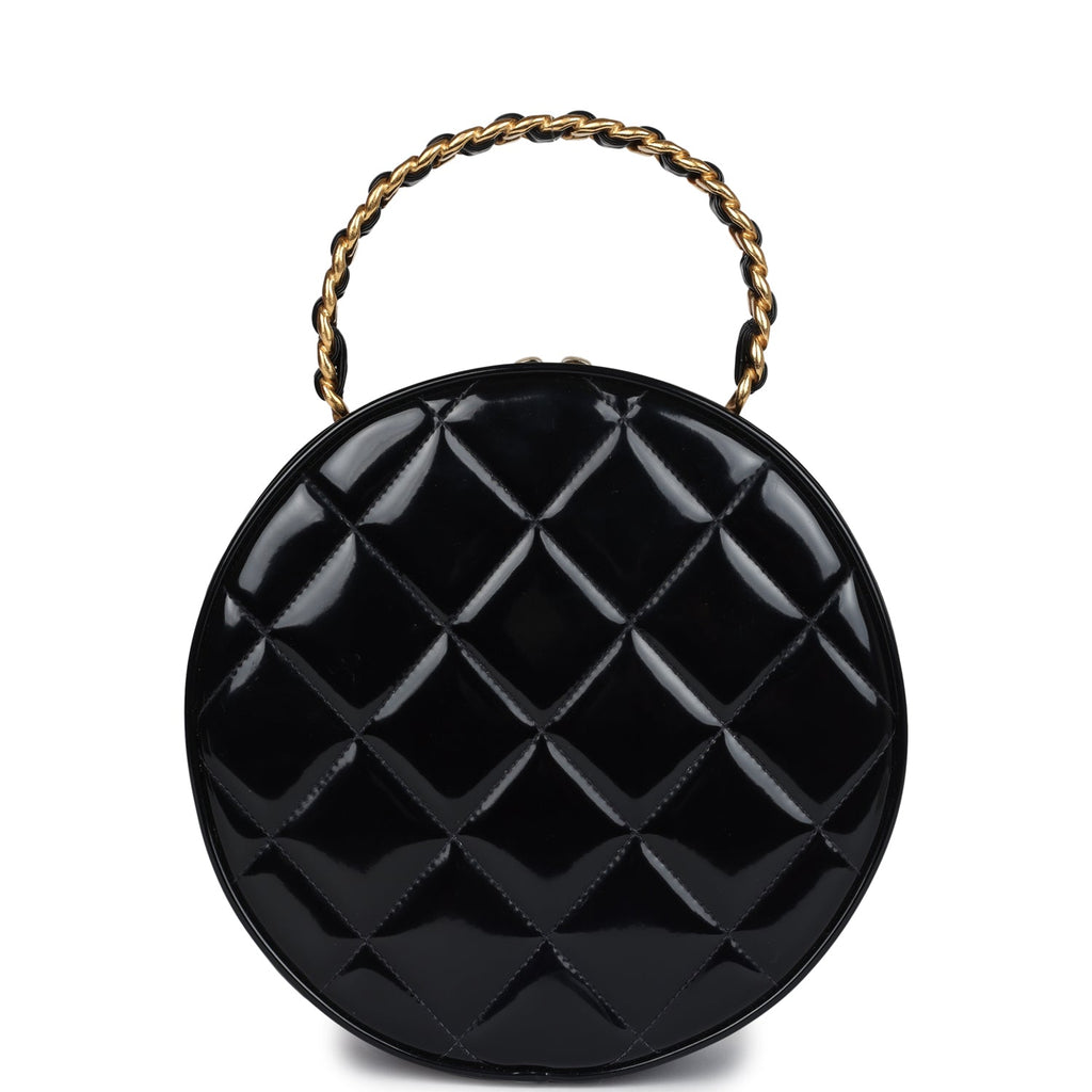 Vintage Chanel Round Vanity Bag Black And White Patent Leather Antique Gold Hardware