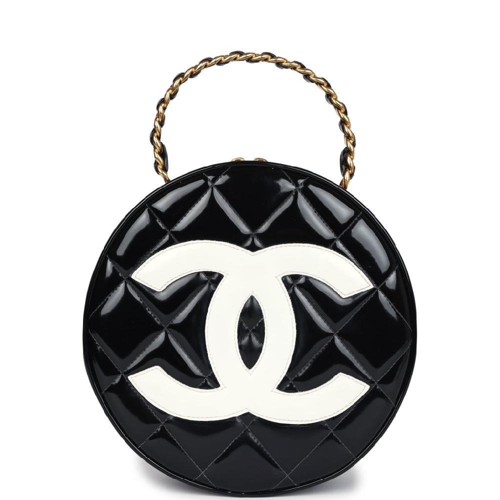Vintage Chanel Round Vanity Bag Black and White Patent Leather Antique Gold Hardware