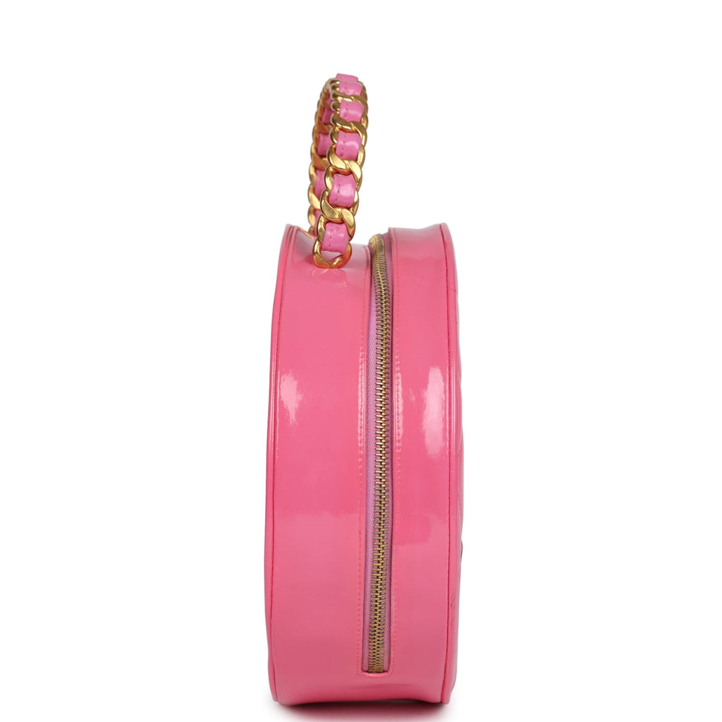 Vintage Chanel Round Vanity Bag Pink And Black Patent Leather Antique Gold Hardware