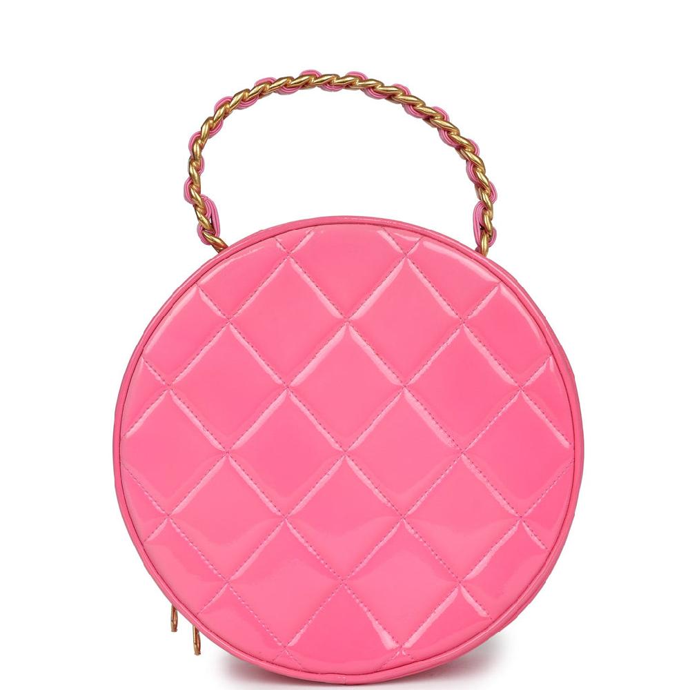 Vintage Chanel Round Vanity Bag Pink And Black Patent Leather Antique Gold Hardware
