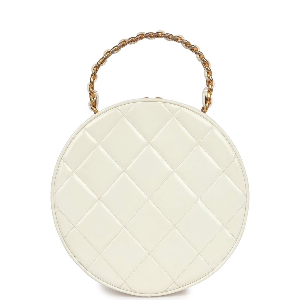 Vintage Chanel Round Vanity Bag White And Black Patent Leather Antique Gold Hardware