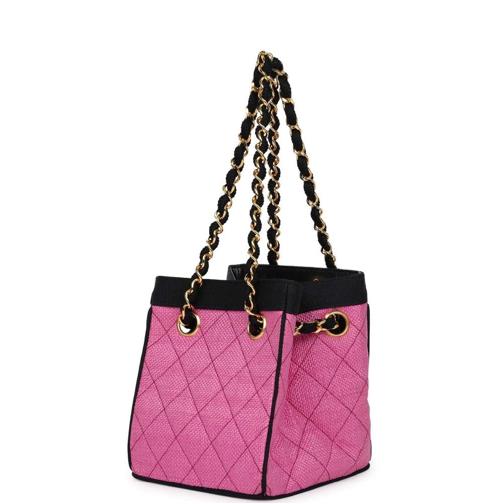 Vintage Chanel Set Of Two Mini Bucket Bag & Oval Handbag Pink And Black Raffia Gold Hardware