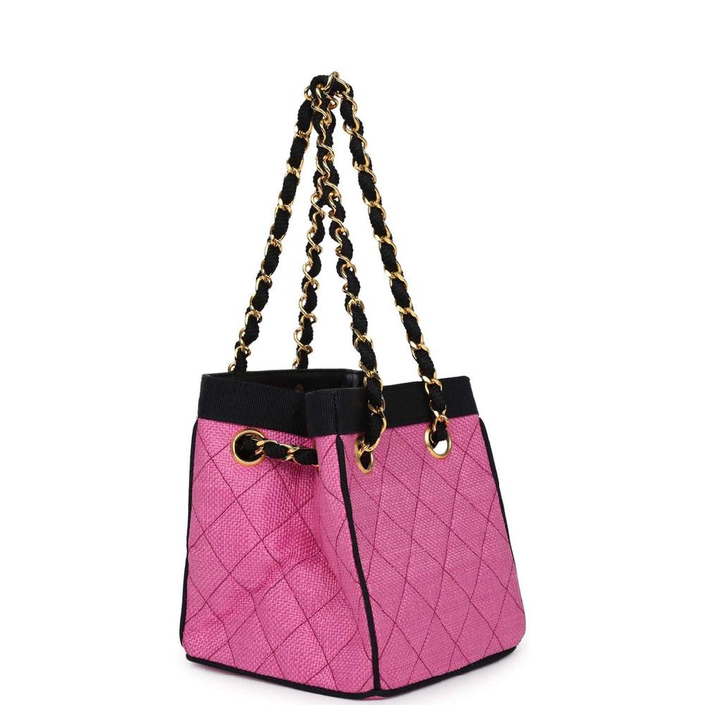 Vintage Chanel Set Of Two Mini Bucket Bag & Oval Handbag Pink And Black Raffia Gold Hardware