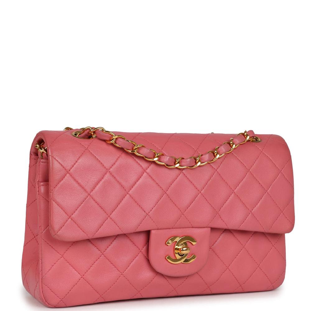 Vintage Chanel Small Classic Double Flap Bag Dark Pink Lambskin Gold Hardware