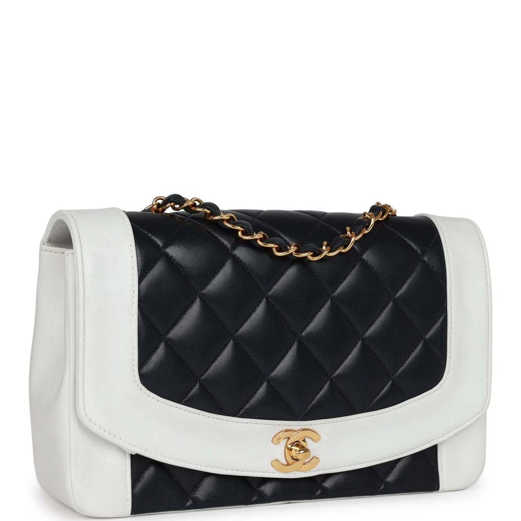 Vintage Chanel Small Diana Flap Bag White And Navy Lambskin Gold Hardware