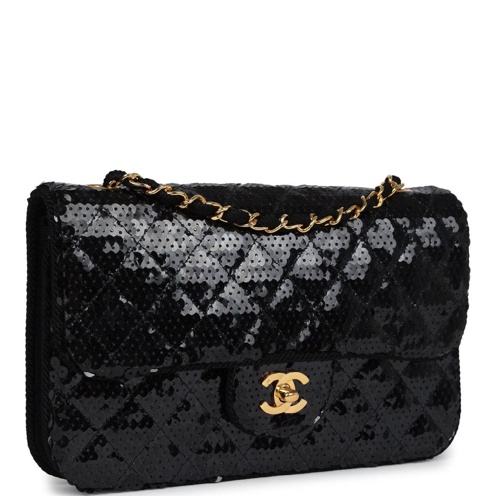 Vintage Chanel Small Flap Bag Black Sequin Gold Hardware