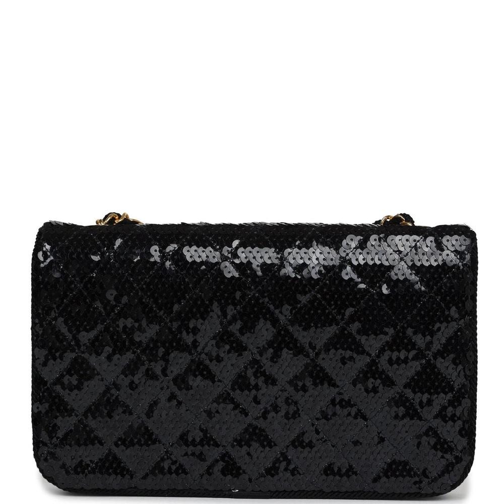 Vintage Chanel Small Flap Bag Black Sequin Gold Hardware