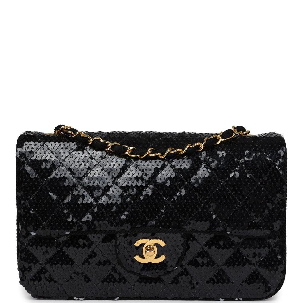 Vintage Chanel Small Flap Bag Black Sequin Gold Hardware