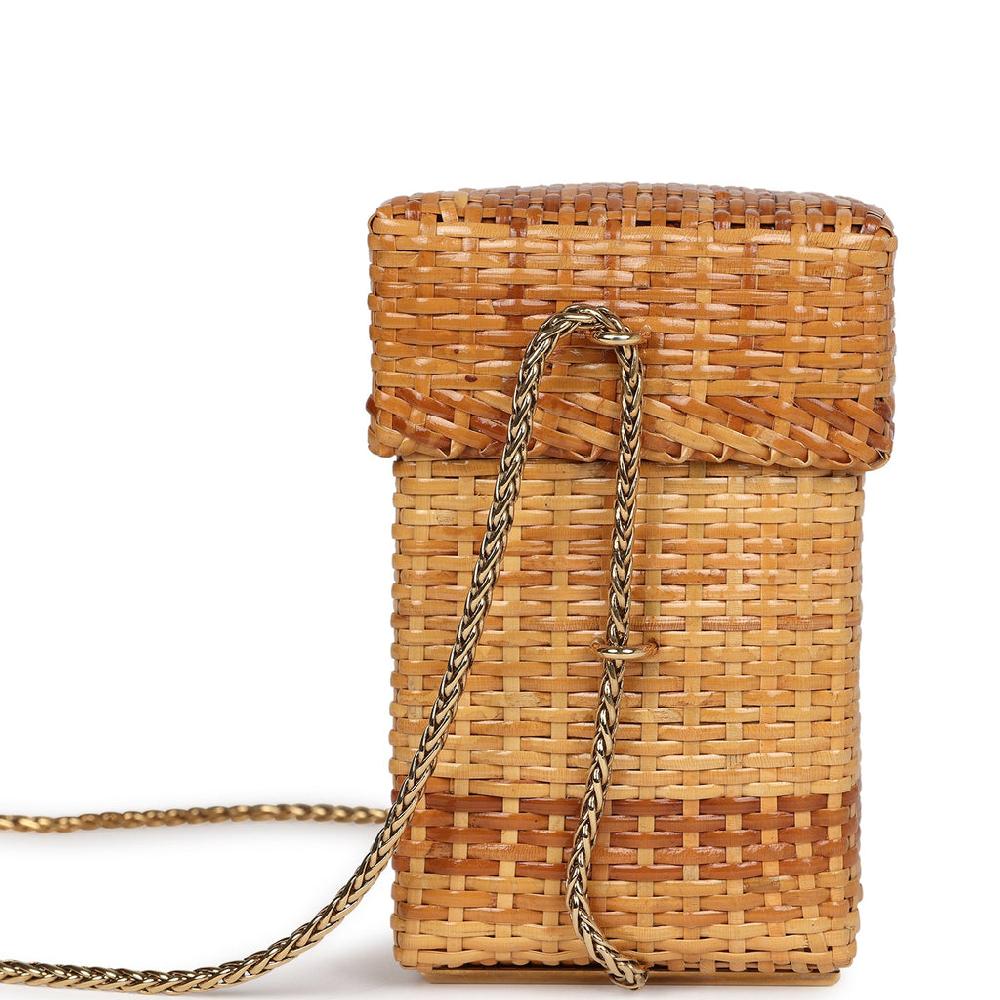 Vintage Chanel Small Picnic Basket Bag Natural Wicker Gold Hardware
