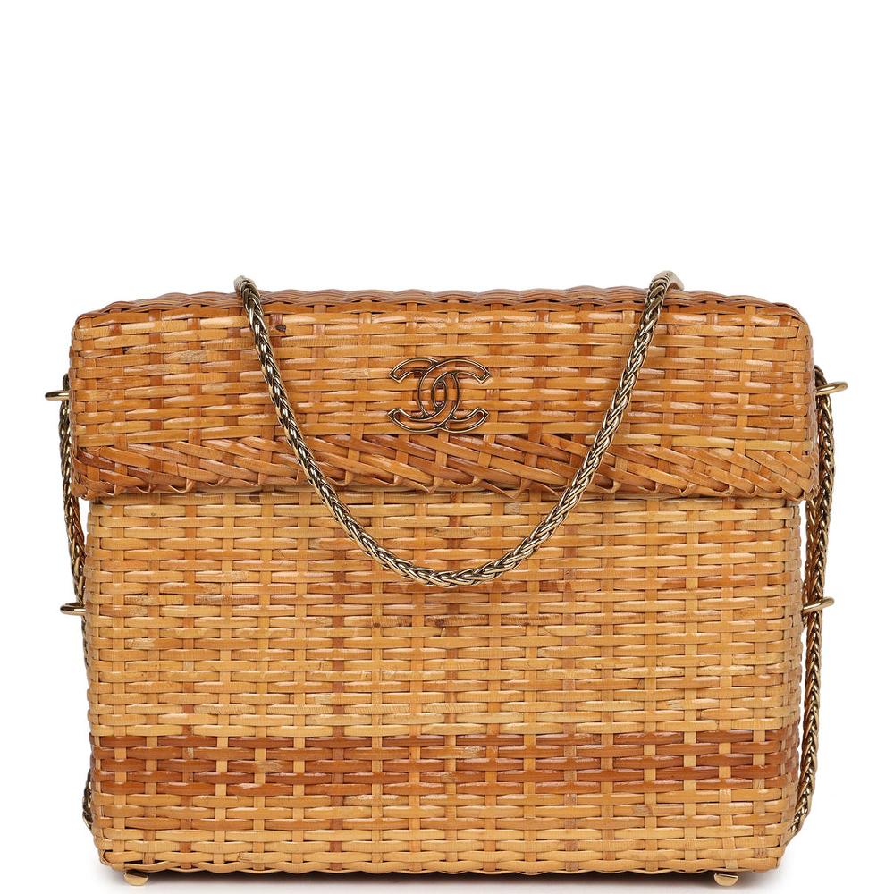 Vintage Chanel Small Picnic Basket Bag Natural Wicker Gold Hardware