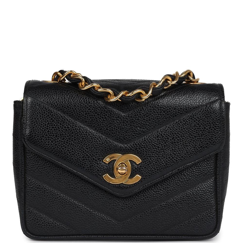 Vintage Chanel Square Chevron Envelope Flap Bag Black Caviar Gold Hardware