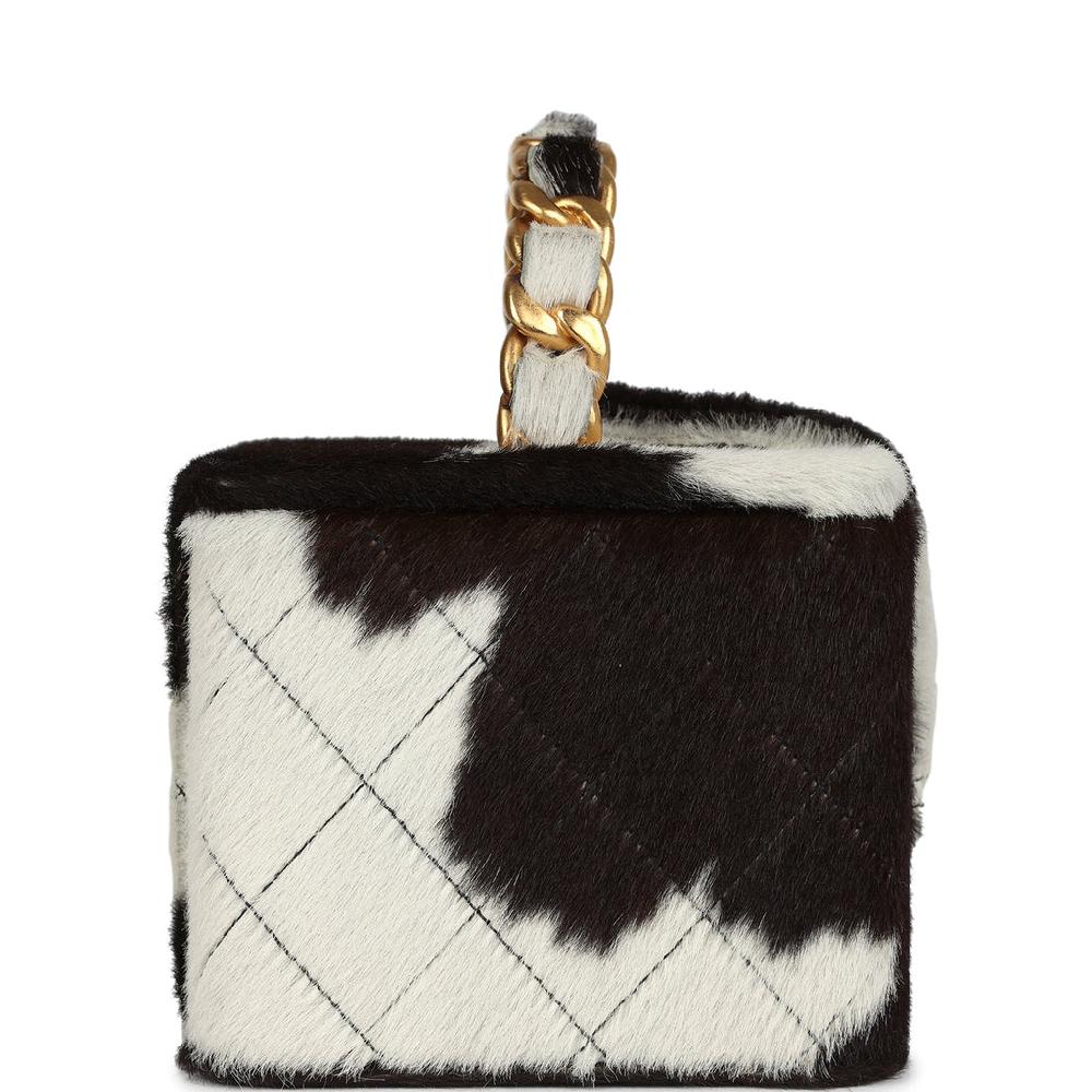 Vintage Chanel Square Vanity Box Brown And White Cow Print Pony Hair Antique Gold Hardware