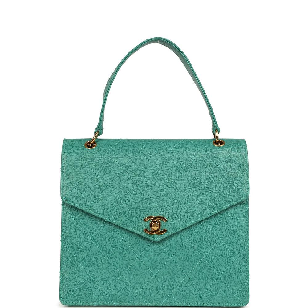 Vintage Chanel Top Handle Envelope Flap Bag Turquoise Caviar Gold Hardware