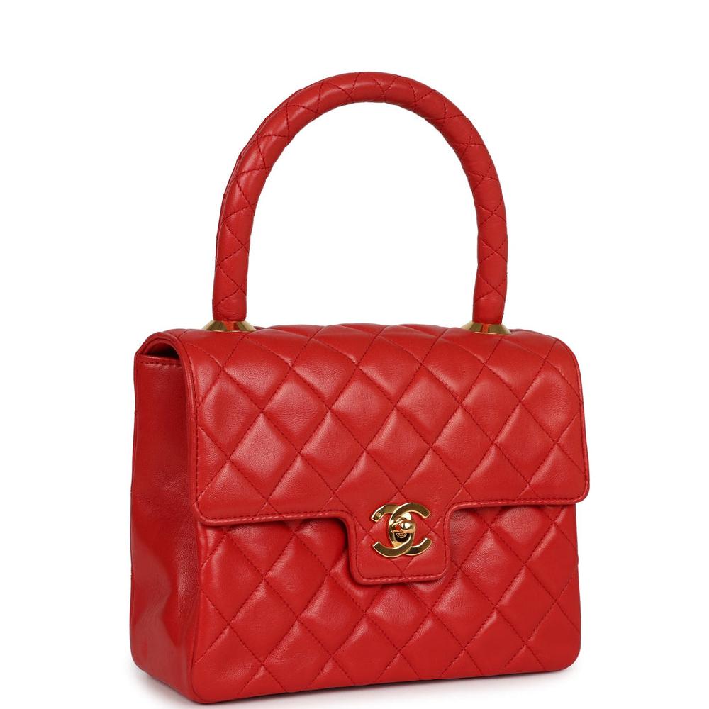 Vintage Chanel Top Handle Square Flap Red Lambskin Gold Hardware