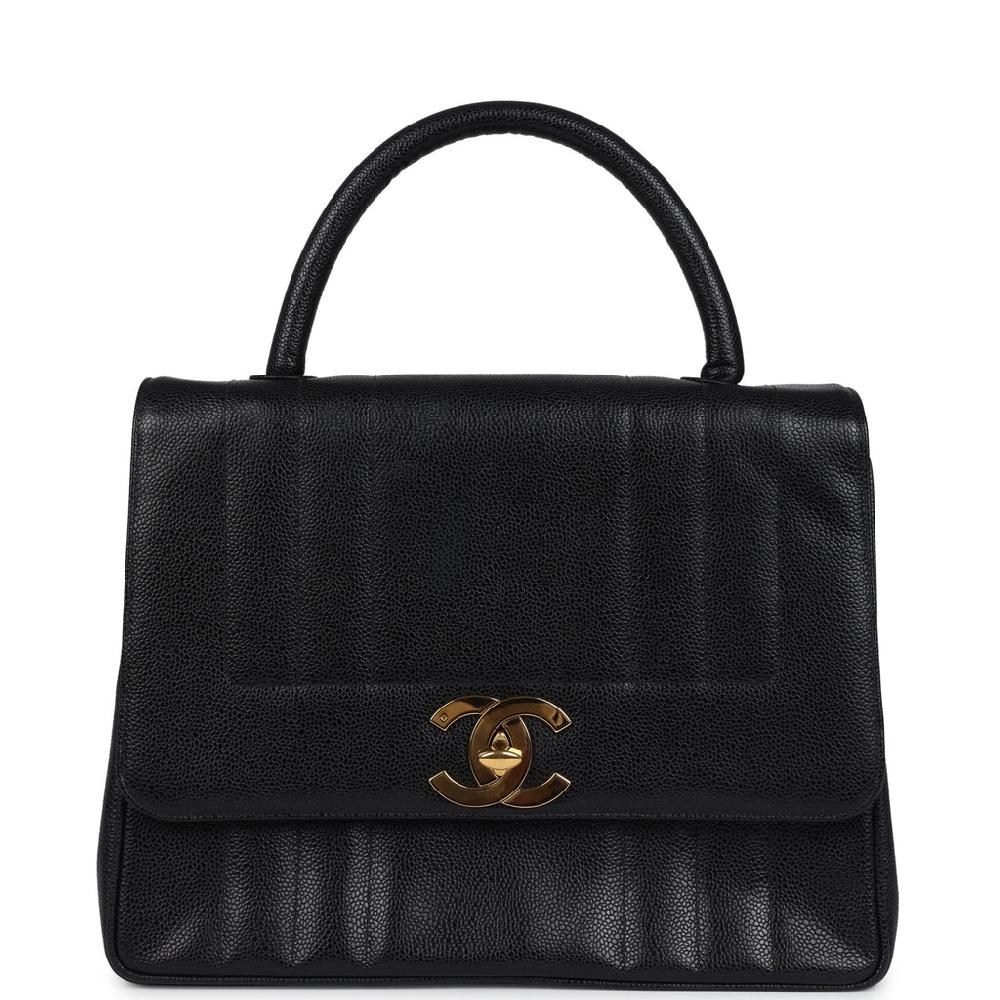 Vintage Chanel Vertical Stripe Kelly Flap Bag Black Caviar Gold Hardware