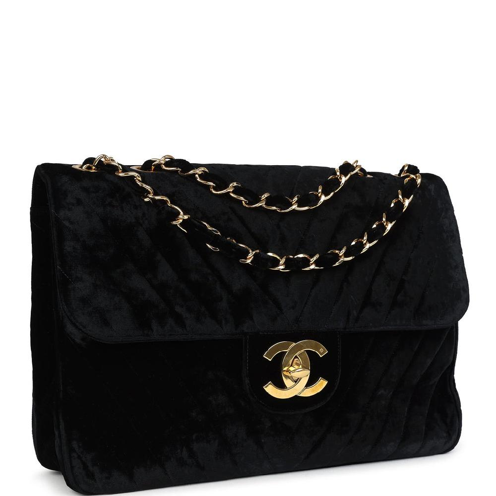 Vintage Chanel XL Classic Chevron Single Flap Bag Black Velvet Gold Hardware