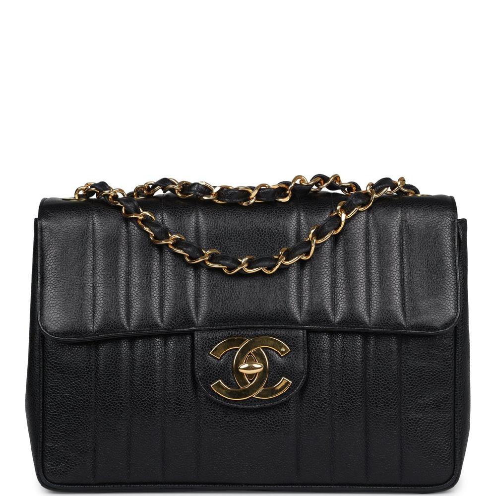 Vintage Chanel XL Jumbo Classic Mademoiselle Vertical Flap Black Caviar Gold Hardware