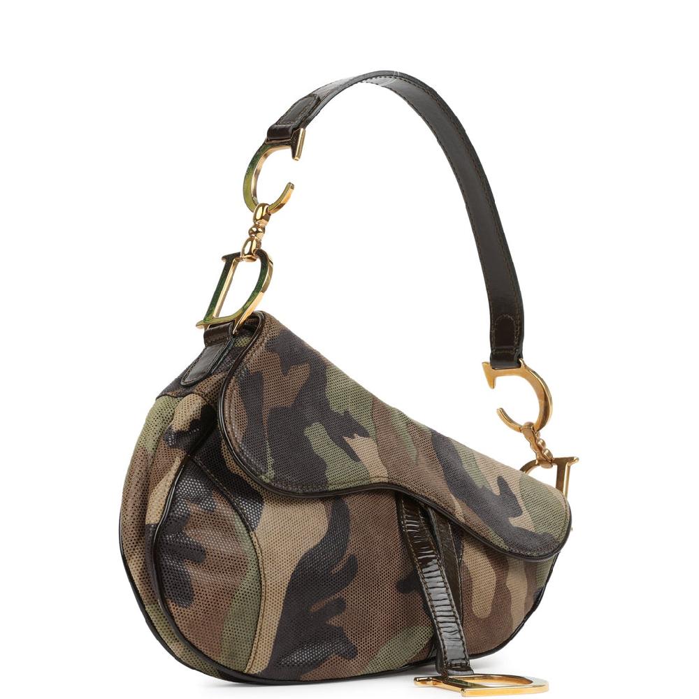 Vintage Christian Dior Camouflage Saddle Bag Green And Brown Suede Gold Hardware