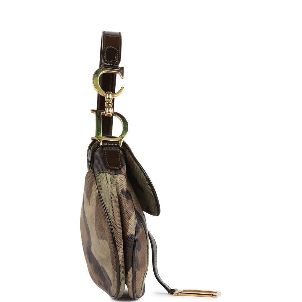 Vintage Christian Dior Camouflage Saddle Bag Green And Brown Suede Gold Hardware