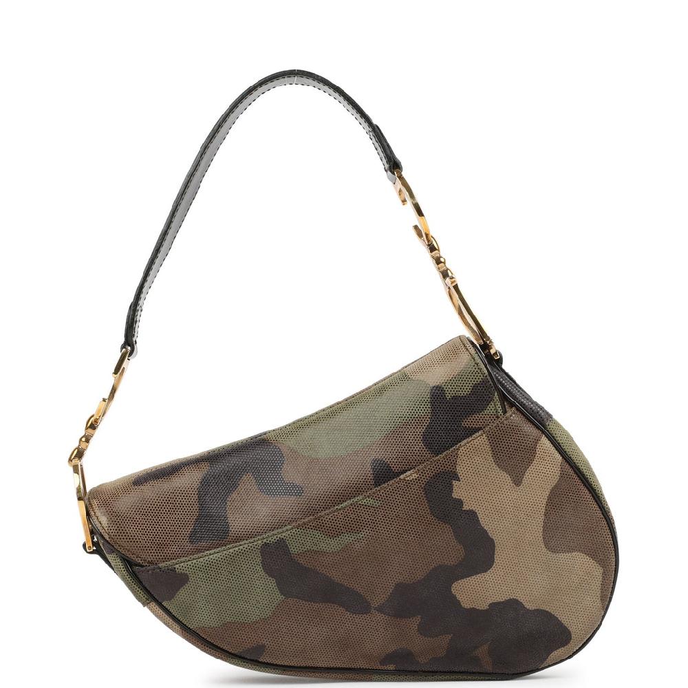 Vintage Christian Dior Camouflage Saddle Bag Green And Brown Suede Gold Hardware